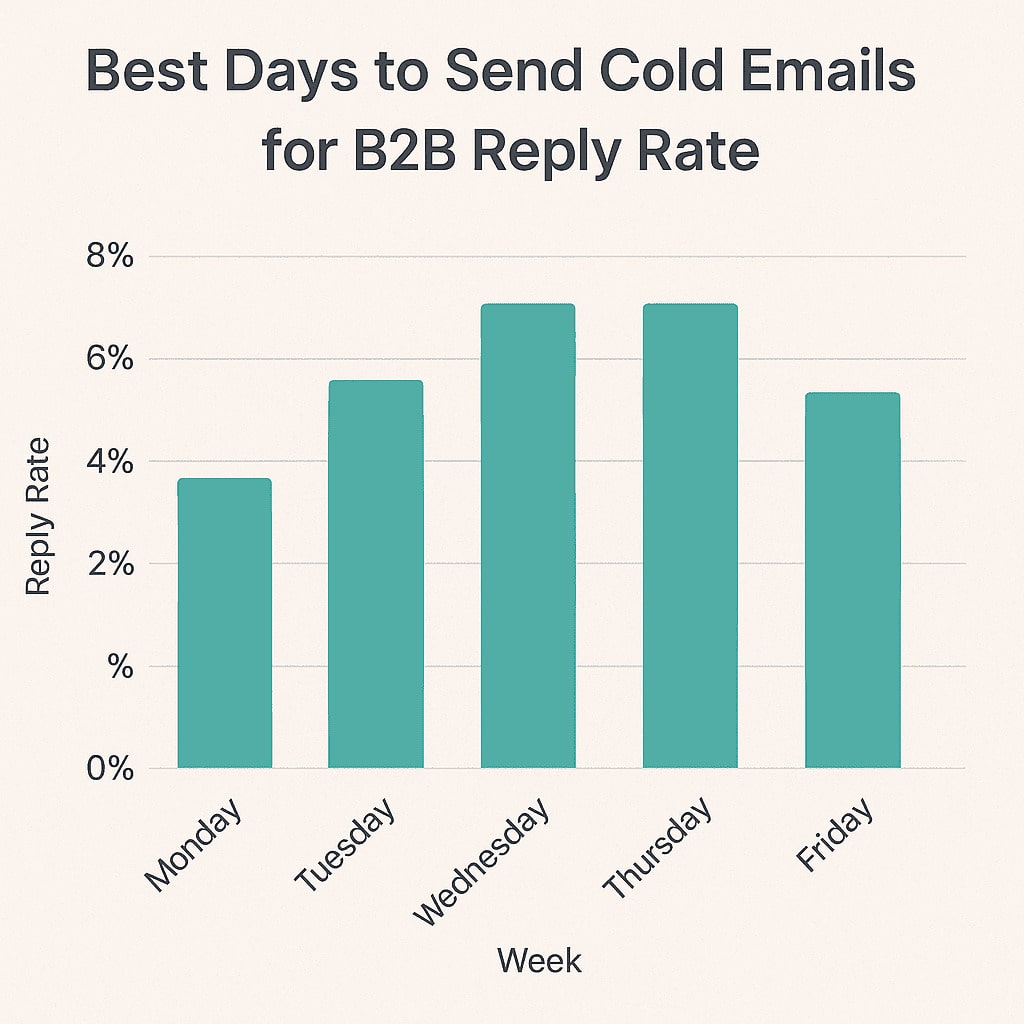 Bar graph of B2B cold email reply rates by day, highlighting Tuesday and Wednesday.