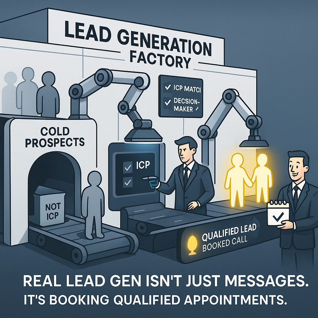 A cold outreach agency’s high-tech lead gen factory transforms cold prospects into qualified, booked appointments through smart filtering and automation.