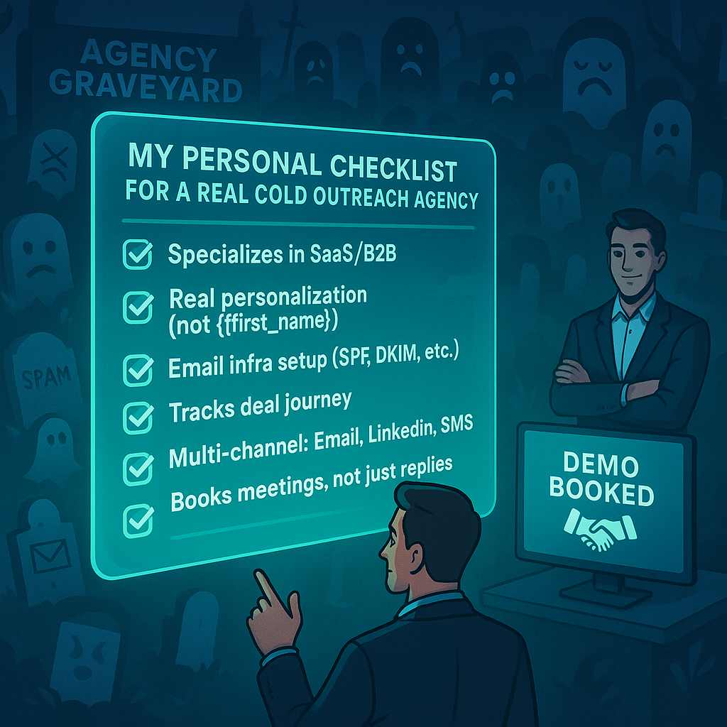 A digital checklist lights up with criteria for a great cold outreach agency—real personalization, SaaS focus, infra setup, multi-channel outreach, and booked meetings—not just leads.