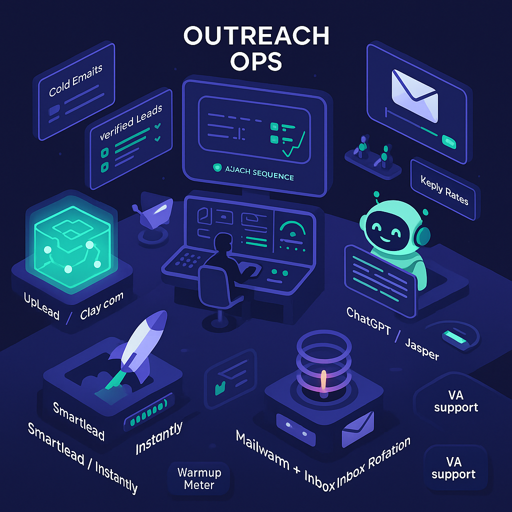 Futuristic dashboard showcasing a DIY cold outreach tech stack with tools for data, email, personalization, and automation.