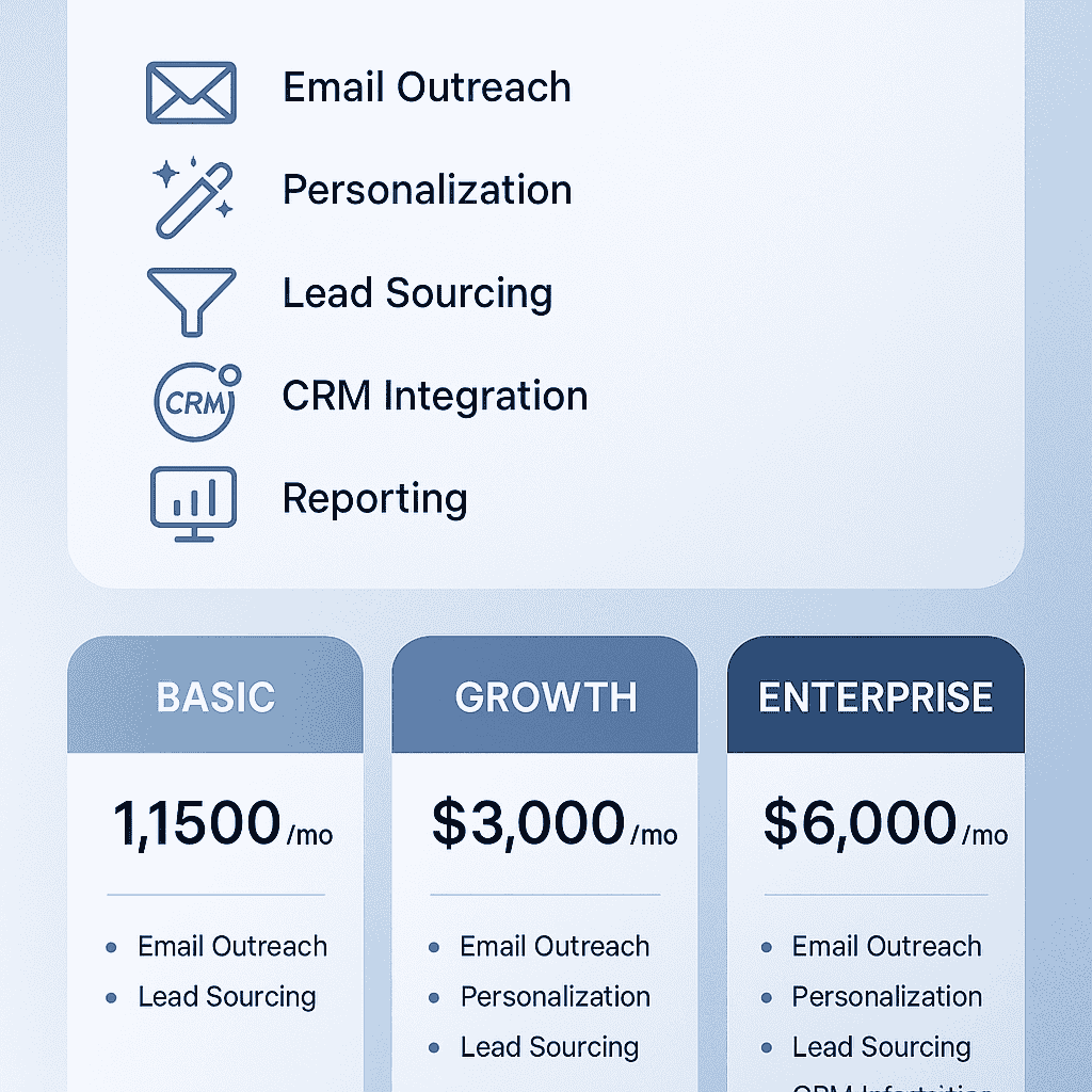 Cold outreach agency pricing breakdown infographic showing 2025 service tiers and features.