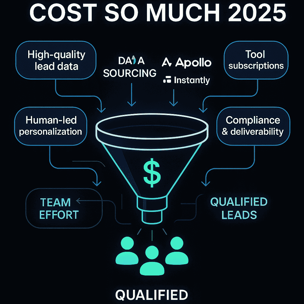 Cold outreach cost infographic explaining high 2025 pricing with key service components.