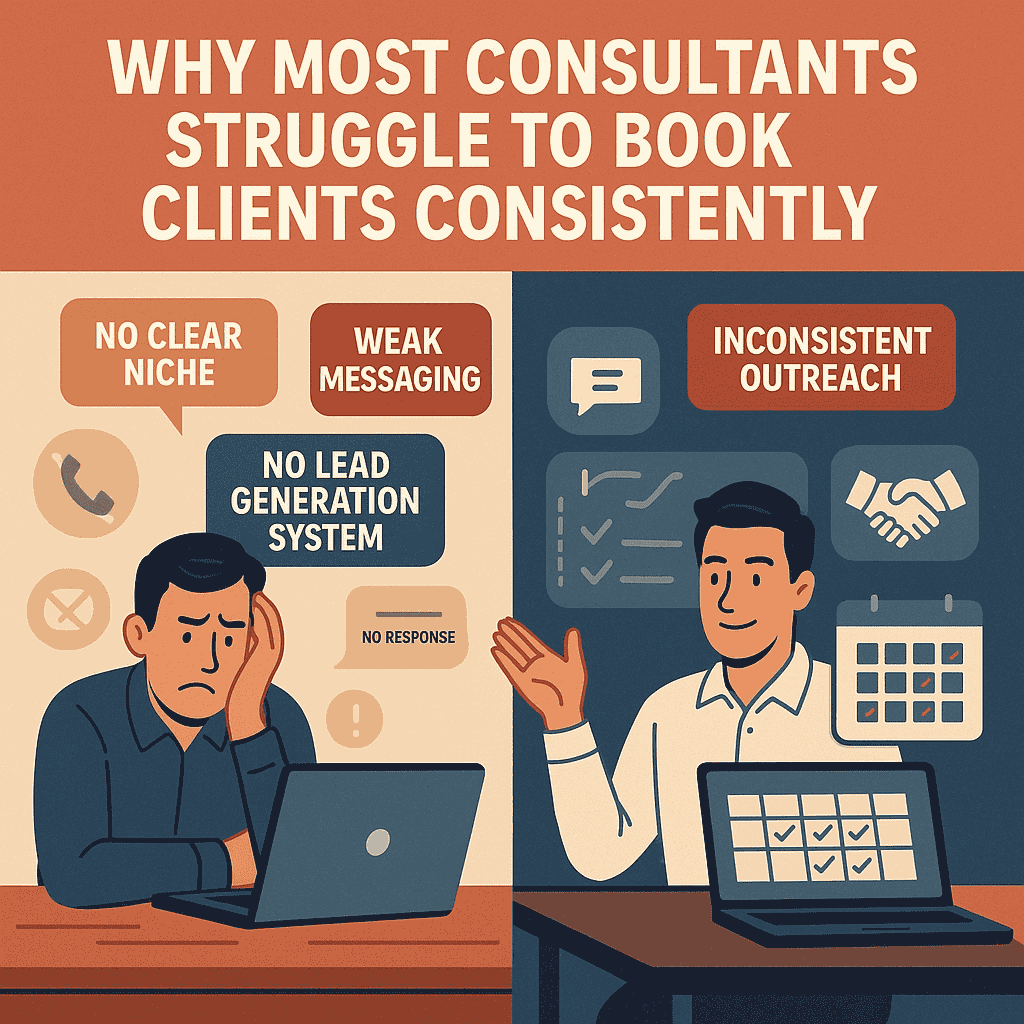 Visual breakdown of why most consultants struggle to book clients in 2025 without help from a cold outreach agency.