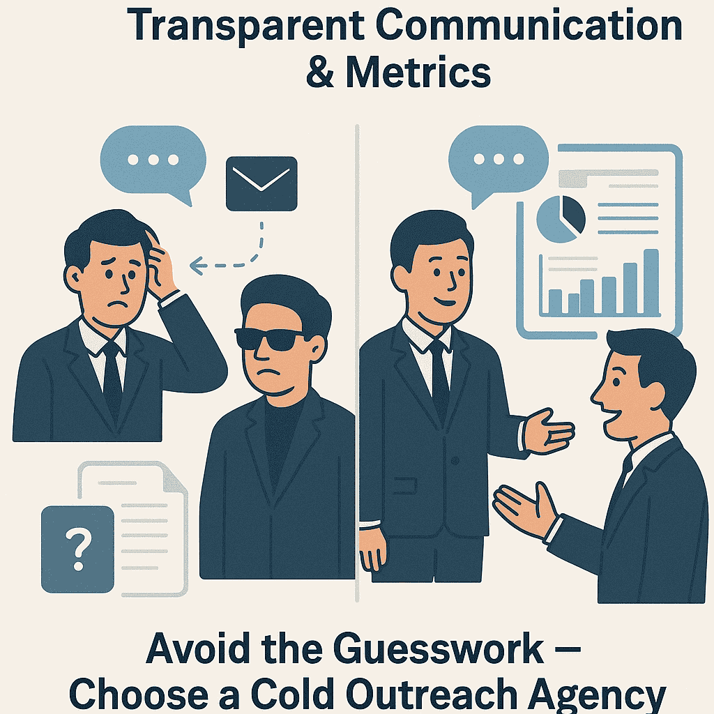 Infographic showing the risks of hiring agencies without transparency, contrasting it with a reliable cold outreach agency providing clear communication and performance metrics