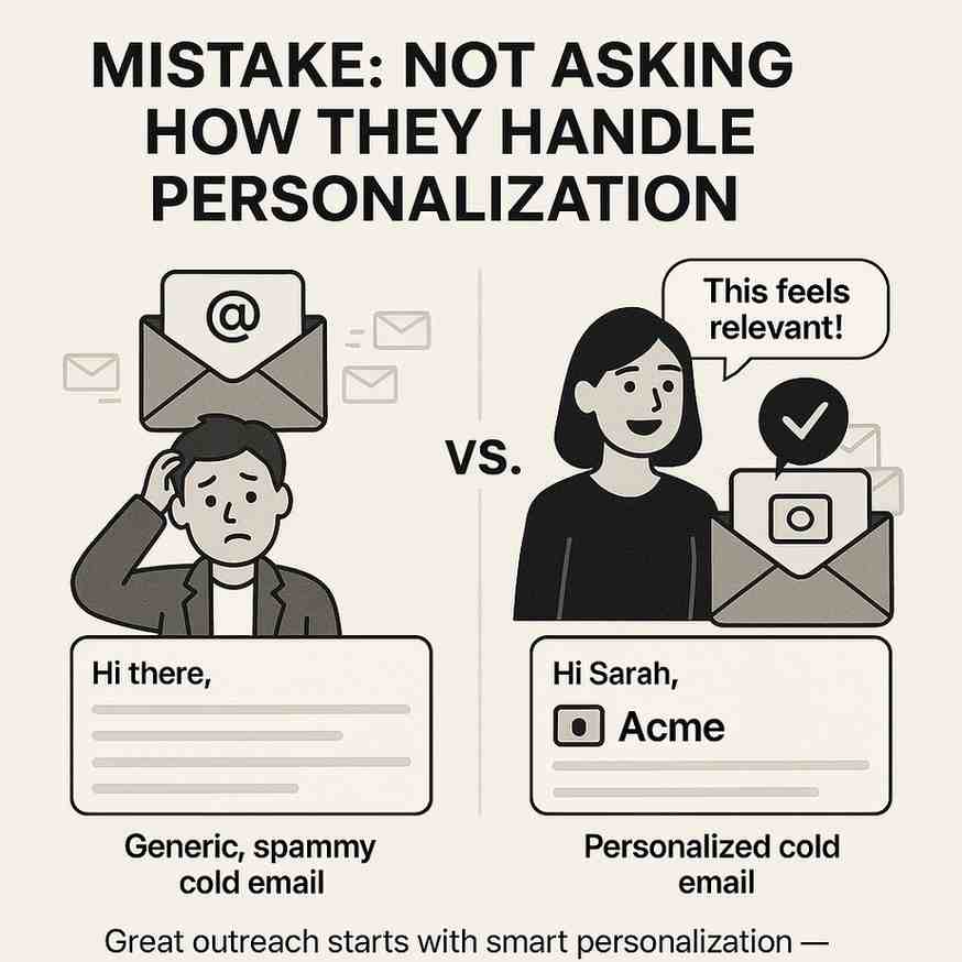 Infographic highlighting the mistake of ignoring personalization in outreach, showing the difference between generic spam emails and customized messages from a cold outreach agency.