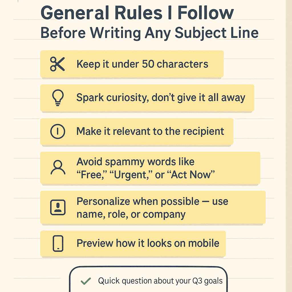 Infographic outlining essential rules for writing effective cold email subject lines.