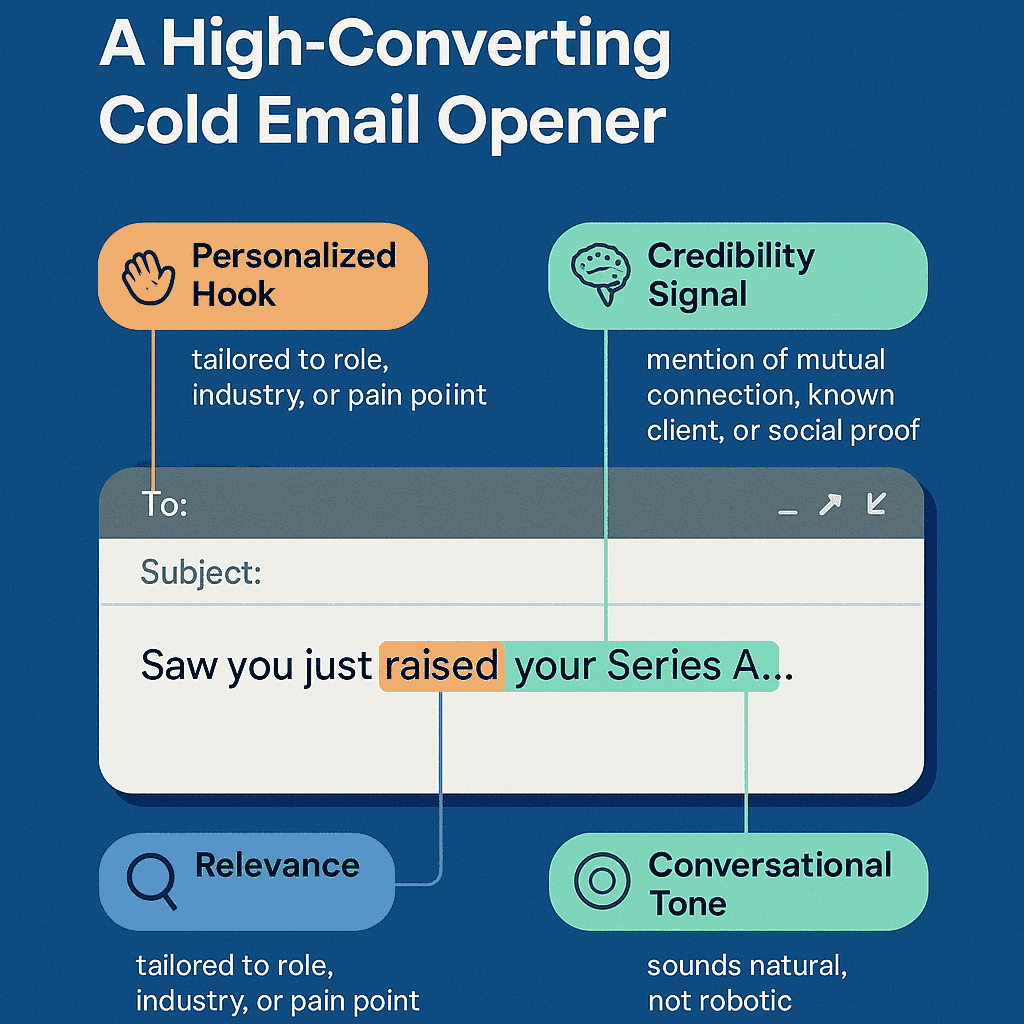 Infographic showing the 5 key elements that make a cold email opener high-converting