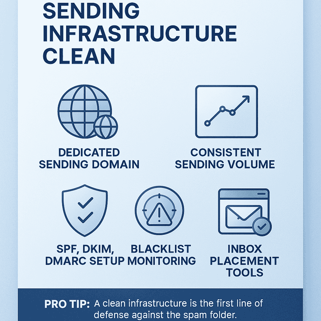 Clean sending infrastructure infographic for cold outreach agencies to avoid spam.